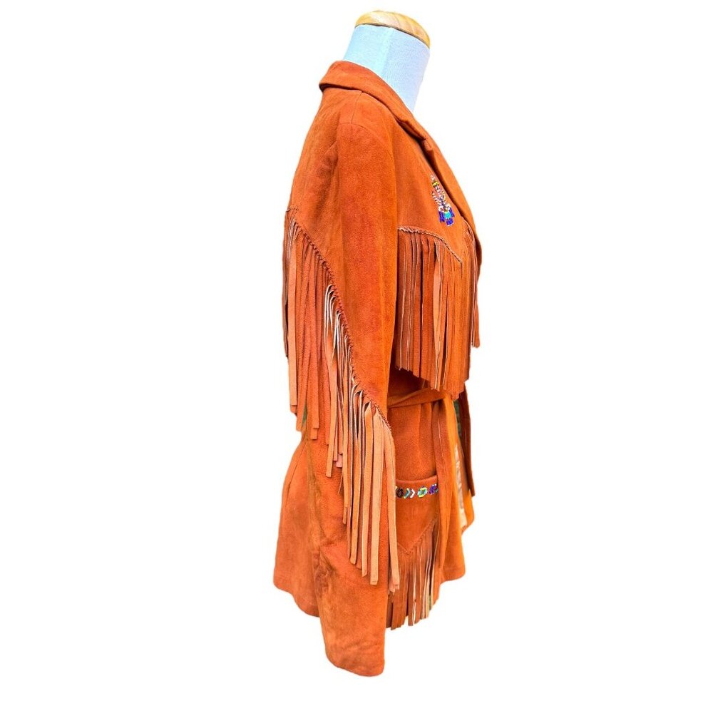 Vintage Womens Fringe Embroidered Suede Jacket With Belt Artisan Designed - Picture 4 of 9